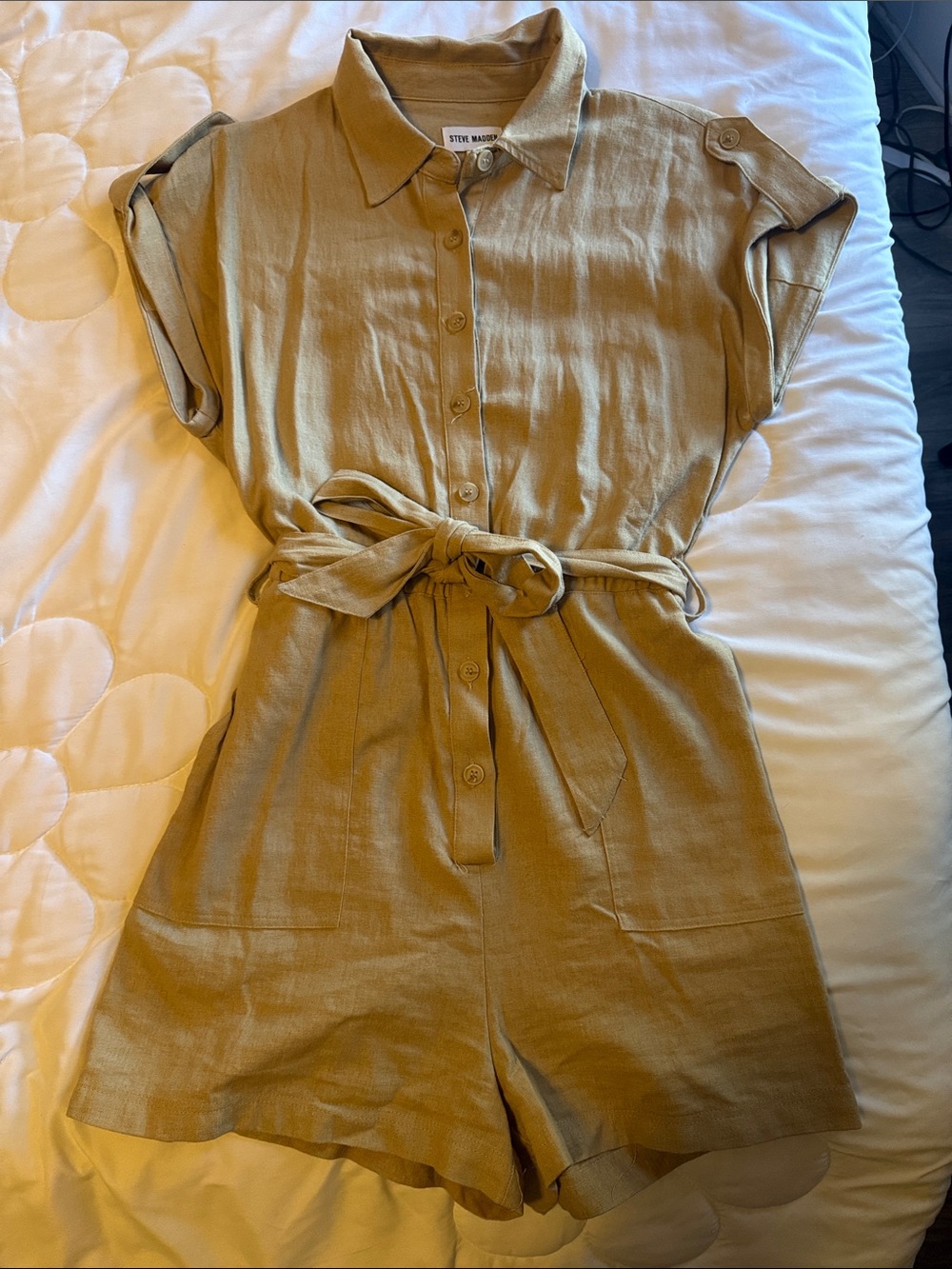 Steve Madden Tan Button-Front Short Sleeve Tie-Waist Romper